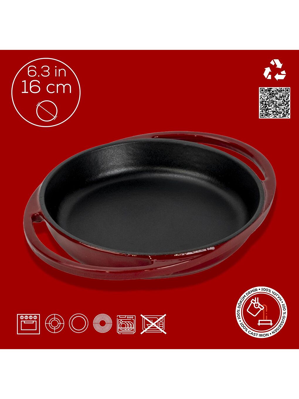 Bordo Yuvarlak Sahan Döküm Demir Yekpare Çift Kulplu Çap(Ø)16cm.-3