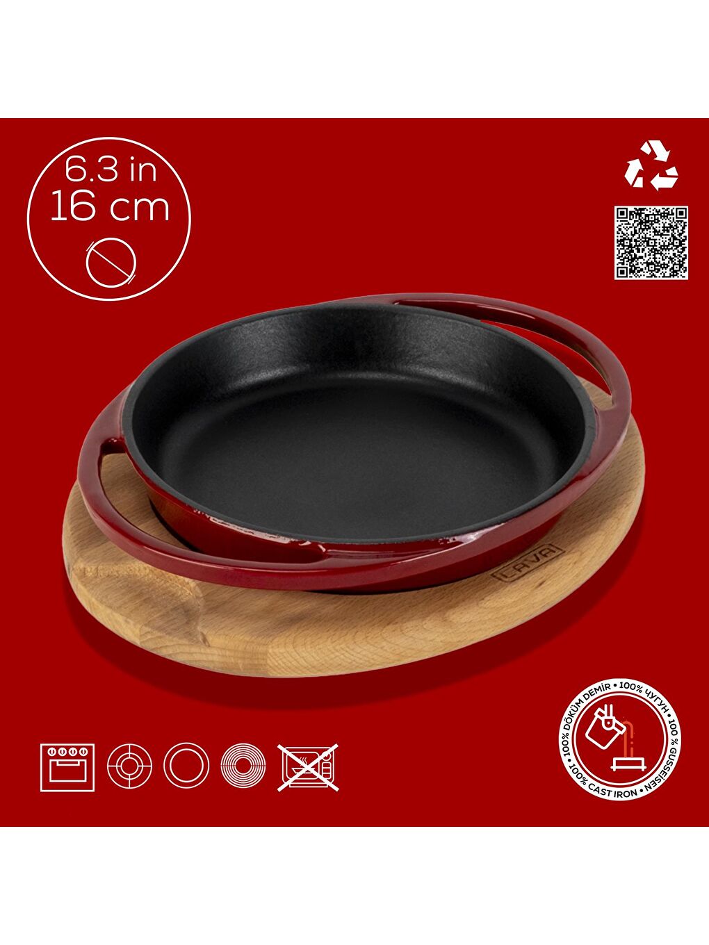 Bordo Yuvarlak Sahan Döküm Demir Yekpare Çift Kulplu Kayın Servis Ahşabı Çap(Ø)16cm.-3