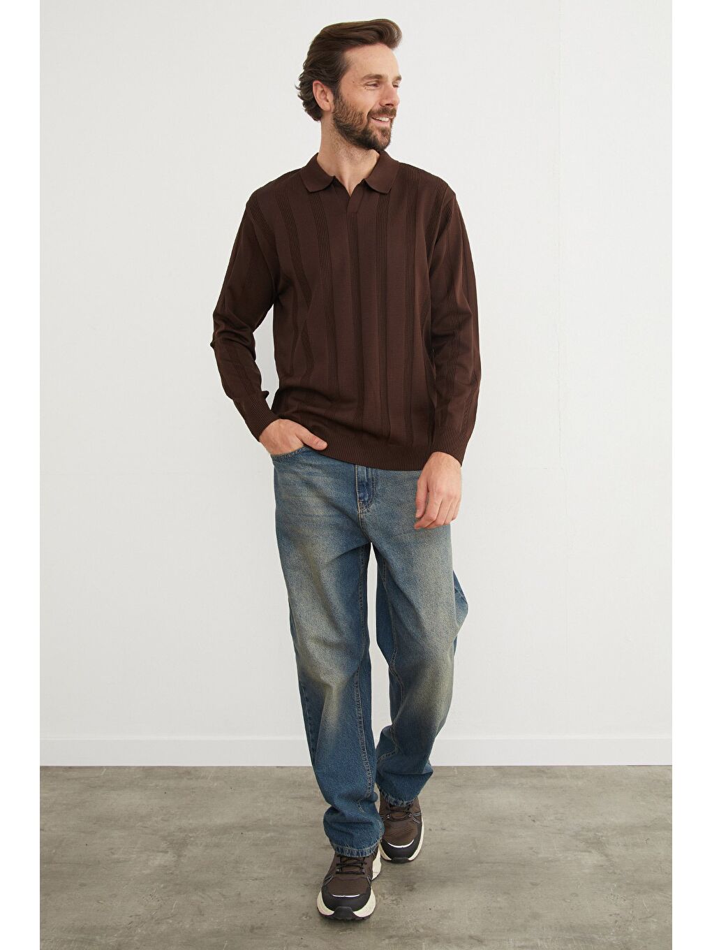 Kahverengi Şeritli Polo Yaka Triko Kazak-1