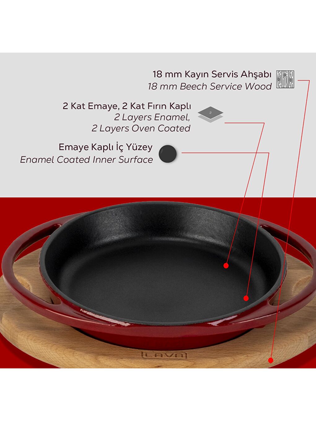 Bordo Yuvarlak Sahan Döküm Demir Yekpare Çift Kulplu Kayın Servis Ahşabı Çap(Ø)16cm.-5