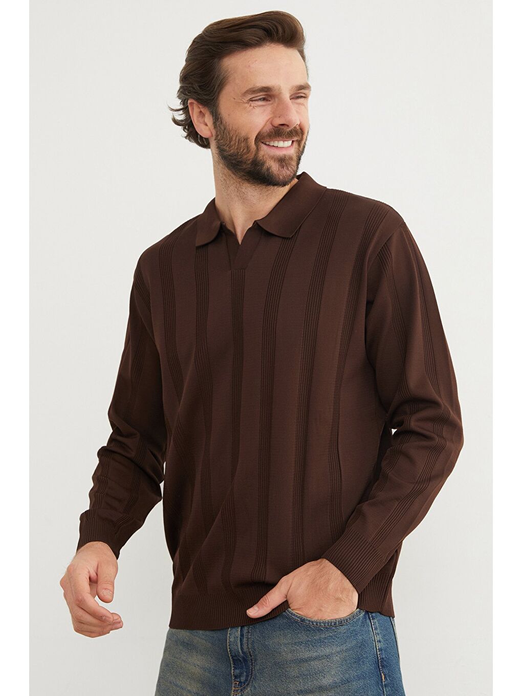 Kahverengi Şeritli Polo Yaka Triko Kazak-2