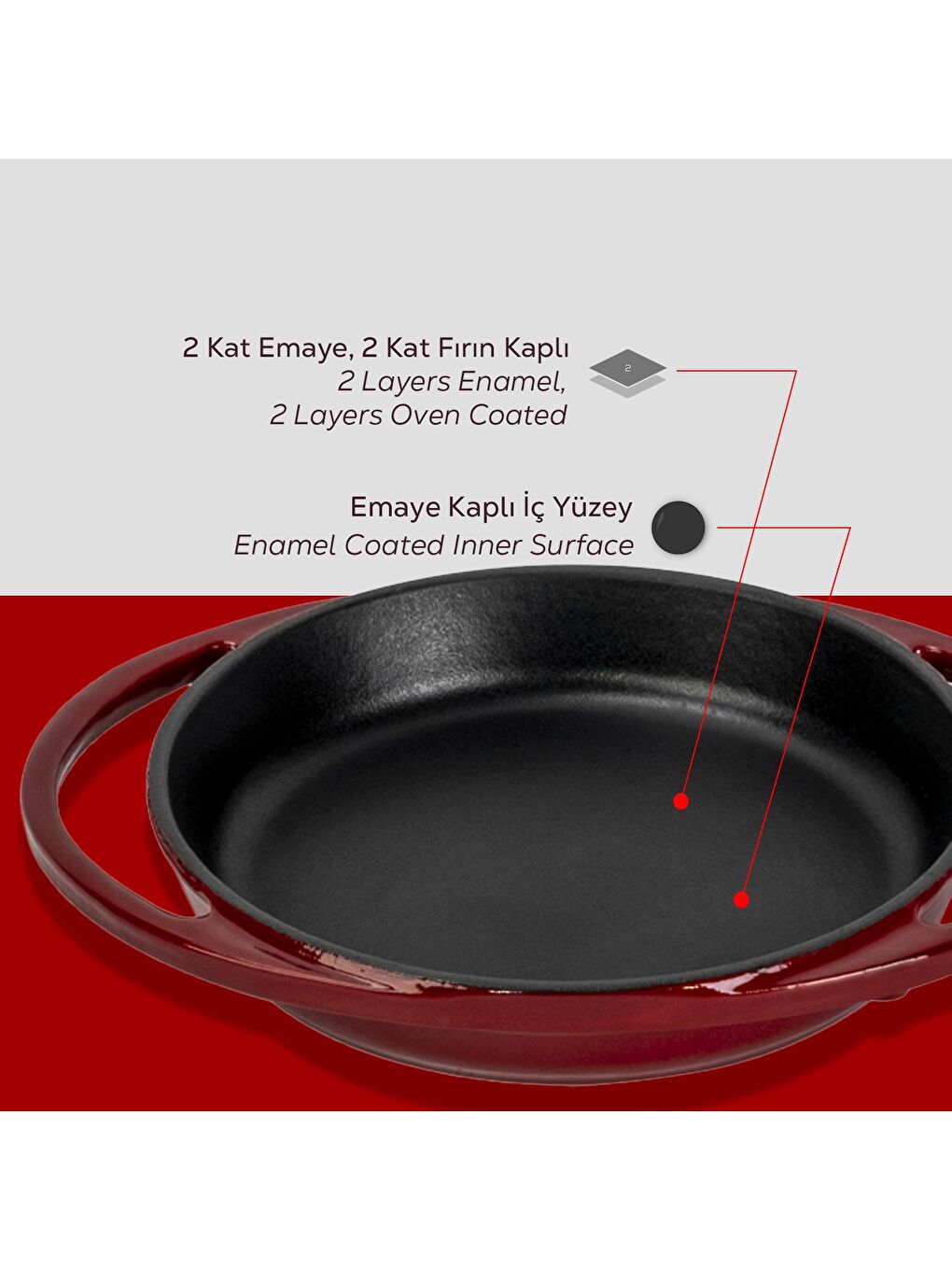 Bordo Yuvarlak Sahan Döküm Demir Yekpare Çift Kulplu Çap(Ø)16cm.-5