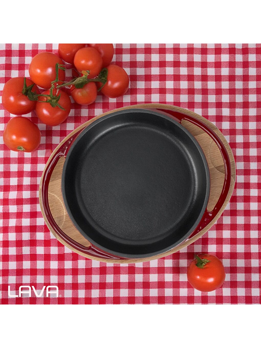 Bordo Yuvarlak Sahan Döküm Demir Yekpare Çift Kulplu Kayın Servis Ahşabı Çap(Ø)16cm.-6