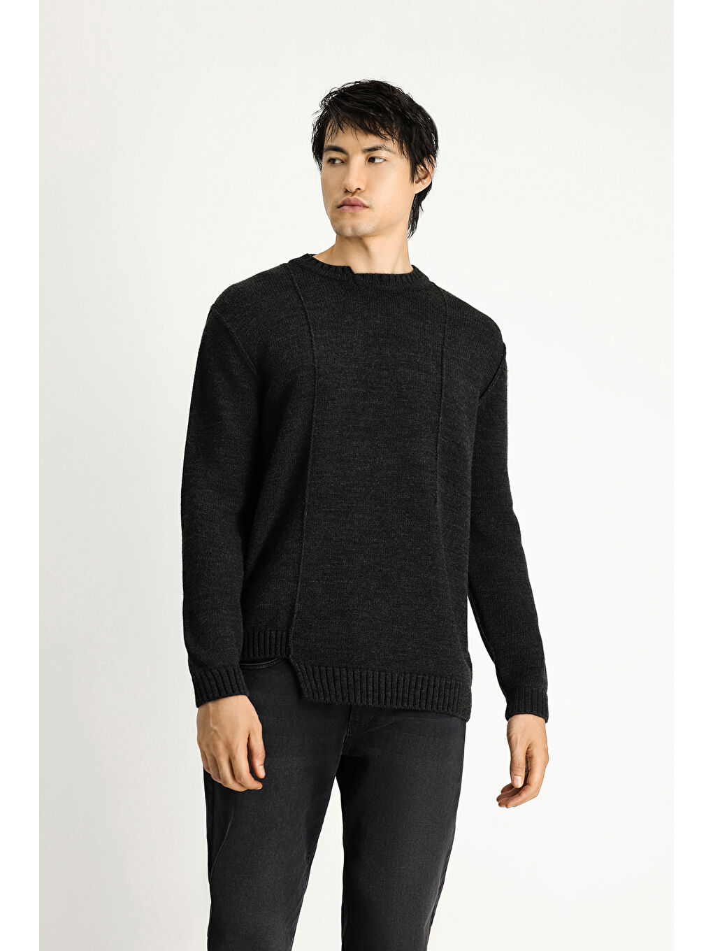 Antrasit Bisiklet Yaka Oversize Desenli Triko Kazak