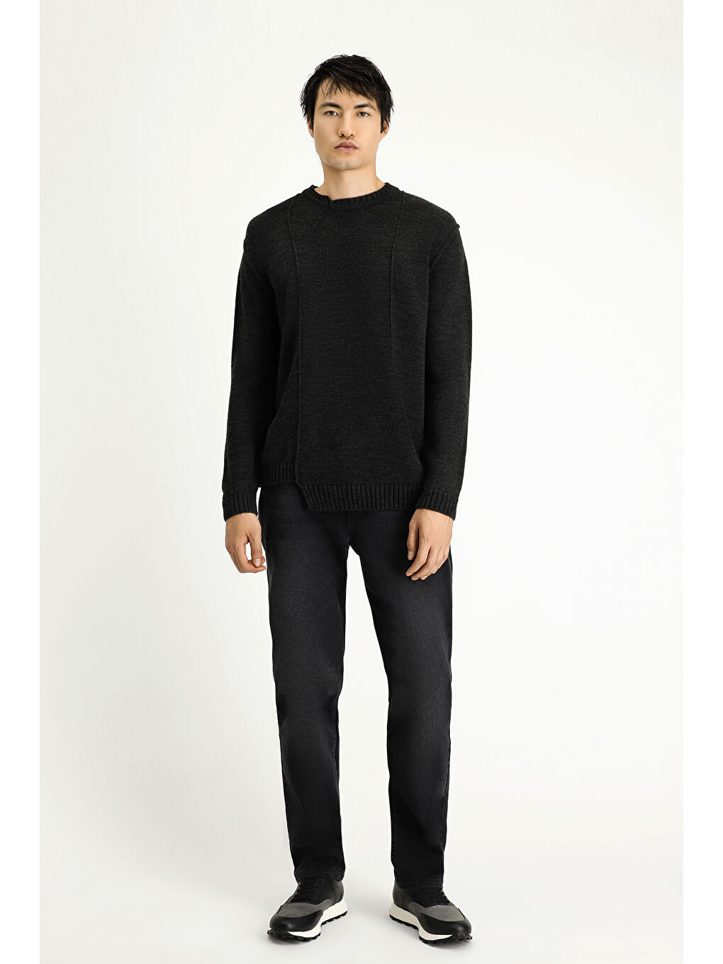 Antrasit Bisiklet Yaka Oversize Desenli Triko Kazak-1