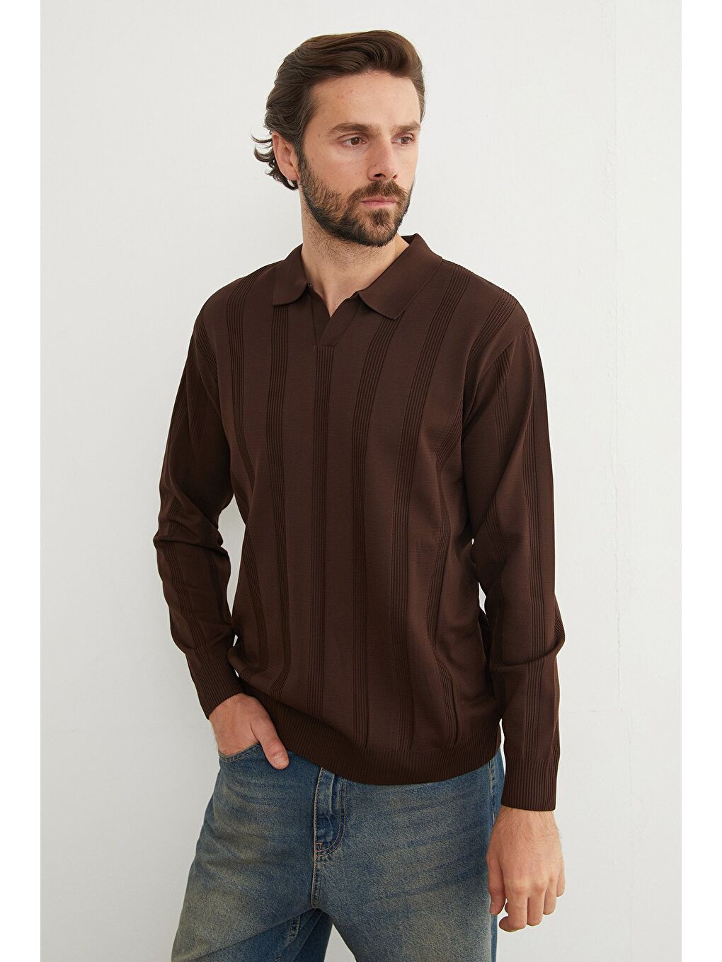 Kahverengi Şeritli Polo Yaka Triko Kazak-4