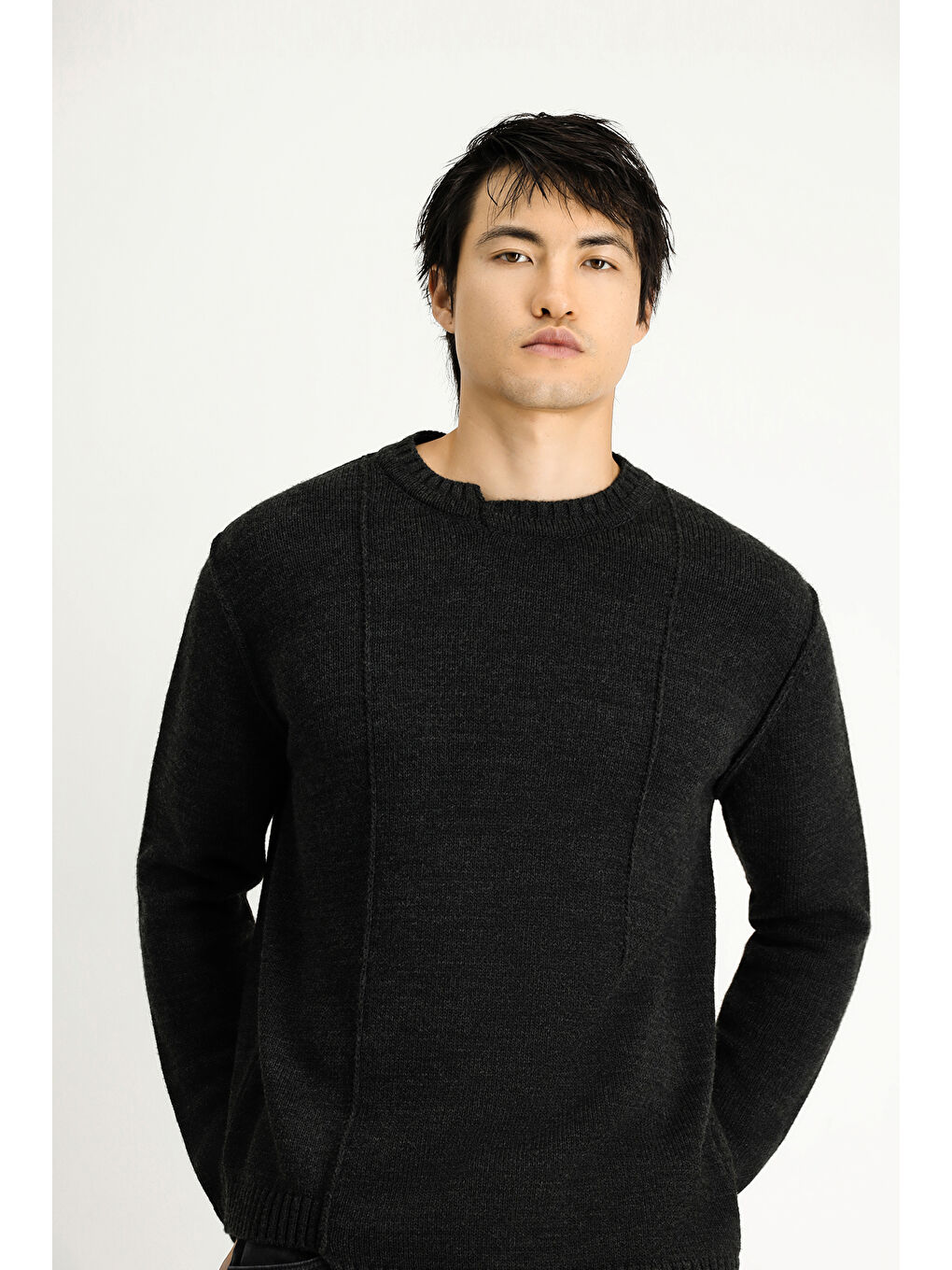 Antrasit Bisiklet Yaka Oversize Desenli Triko Kazak-2