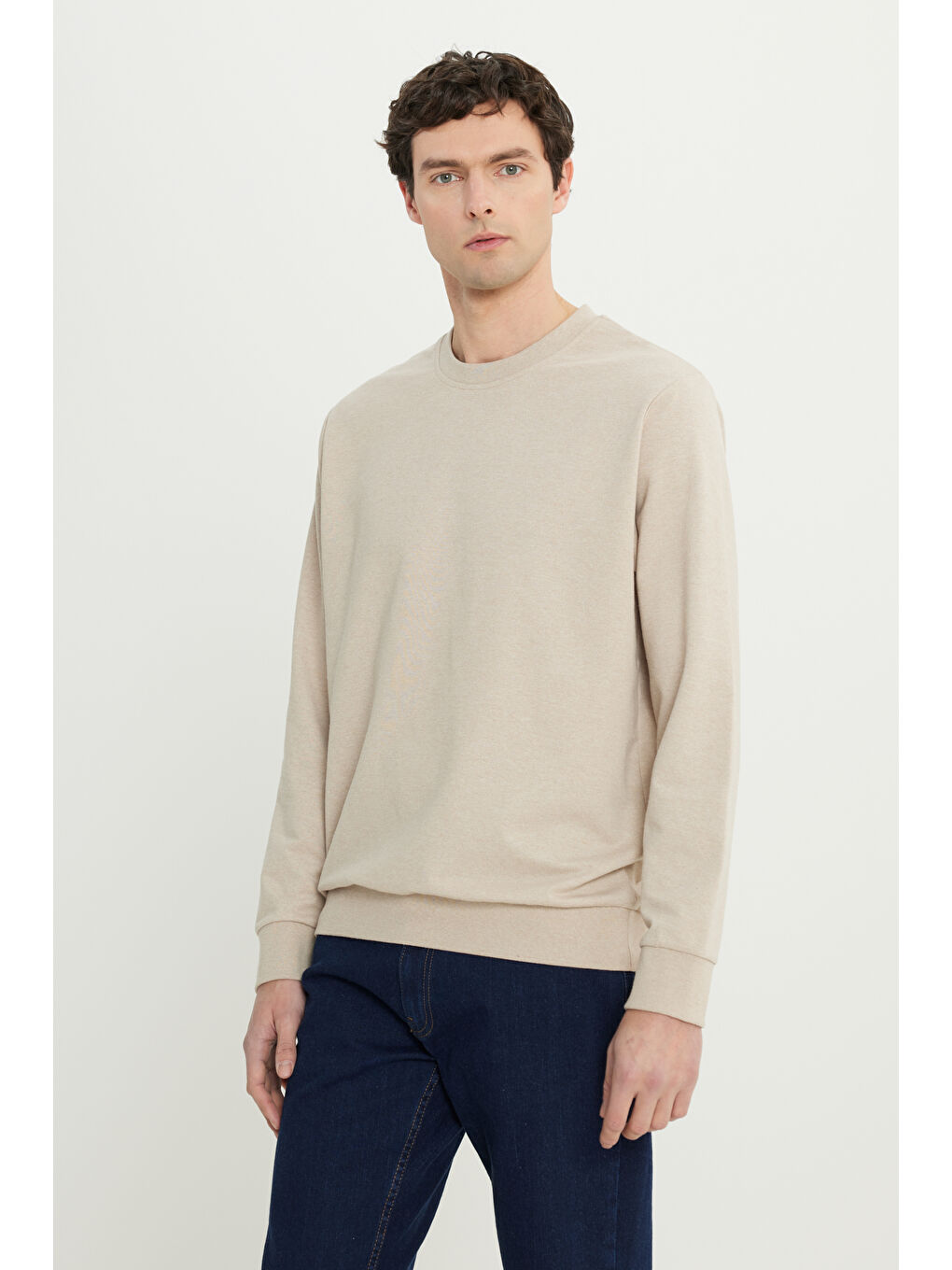 Erkek Bej Standart Fit Normal Kesim 2 İplik Recycle Pamuklu Bisiklet Yaka Sweatshirt