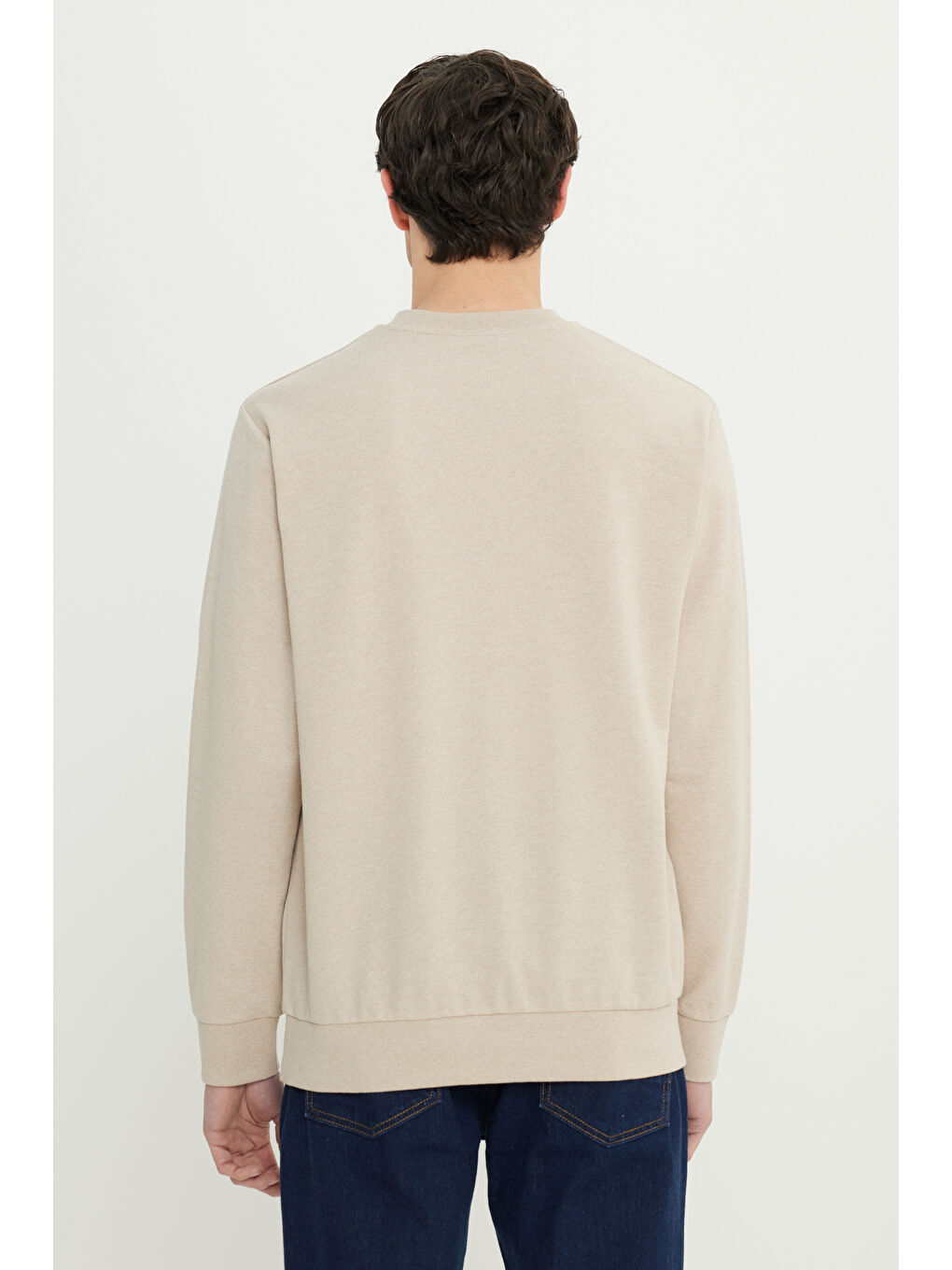 Erkek Bej Standart Fit Normal Kesim 2 İplik Recycle Pamuklu Bisiklet Yaka Sweatshirt-1