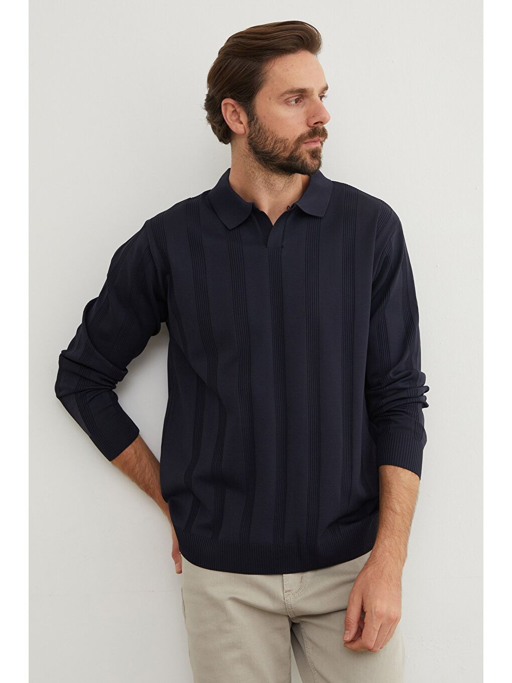 Lacivert Şeritli Polo Yaka Triko Kazak