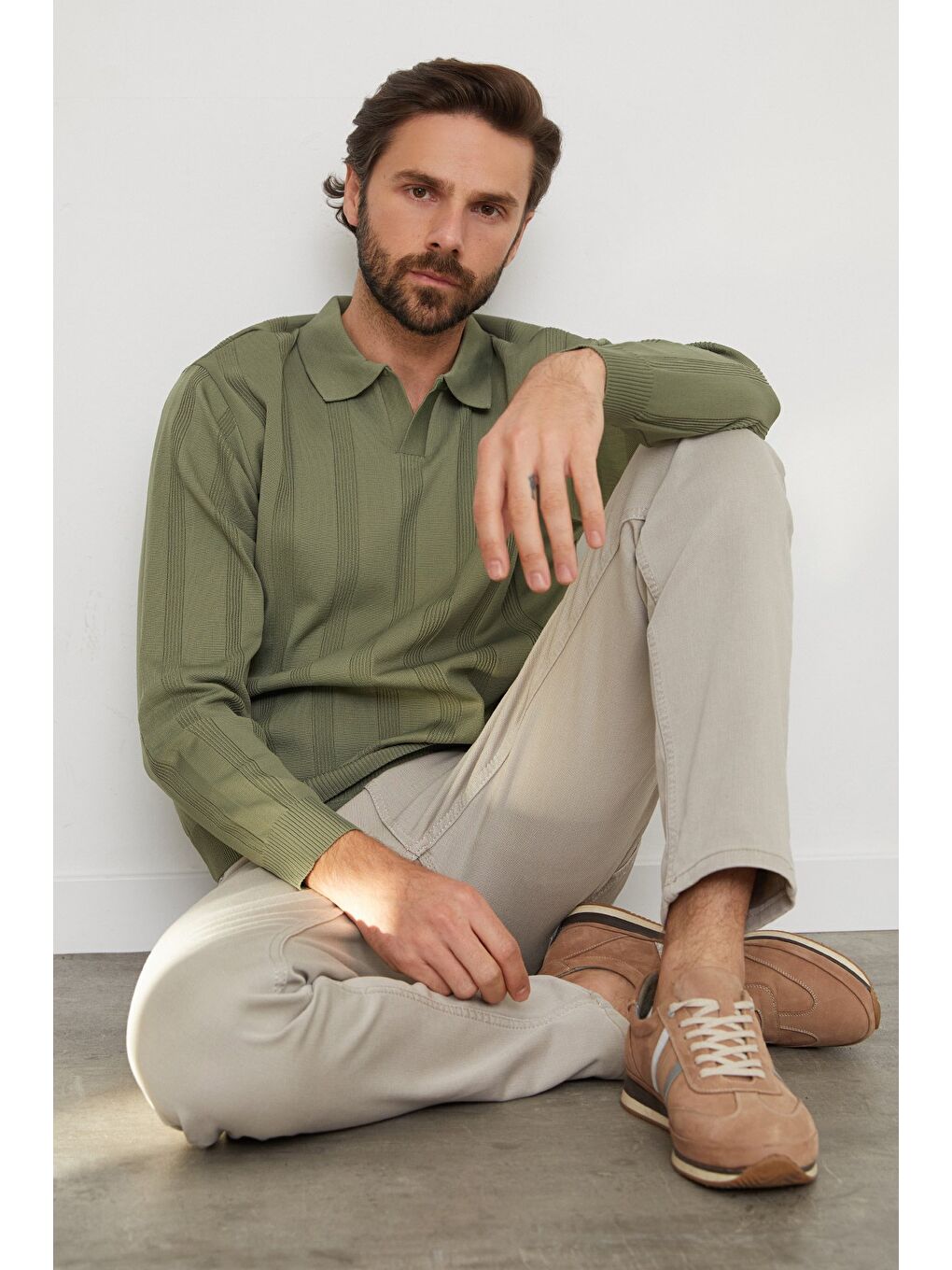 Haki Şeritli Polo Yaka Triko Kazak