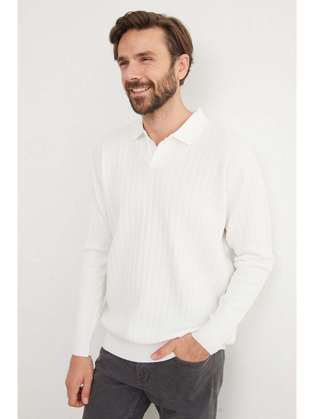 Beyaz Basic Polo Yaka Triko Kazak-2