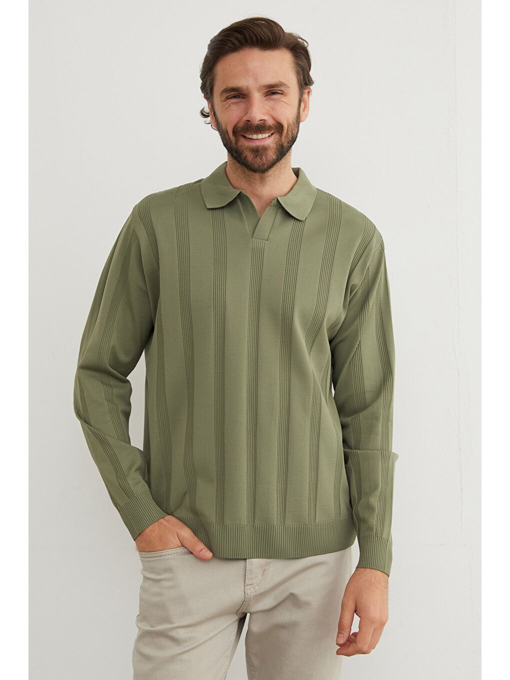 Haki Şeritli Polo Yaka Triko Kazak-1