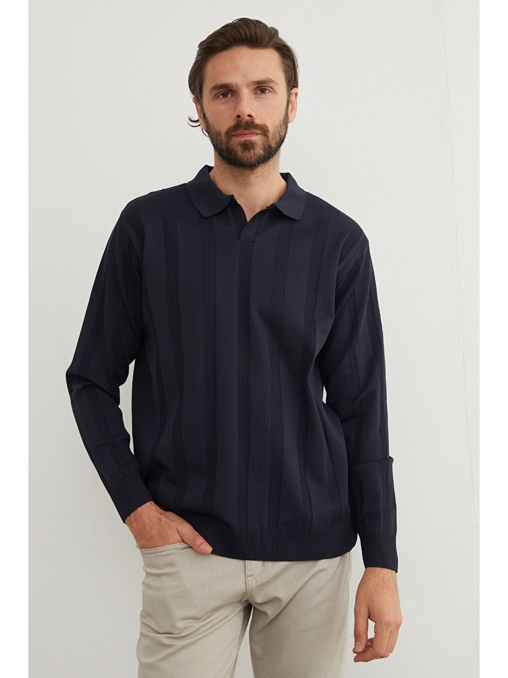 Lacivert Şeritli Polo Yaka Triko Kazak-1