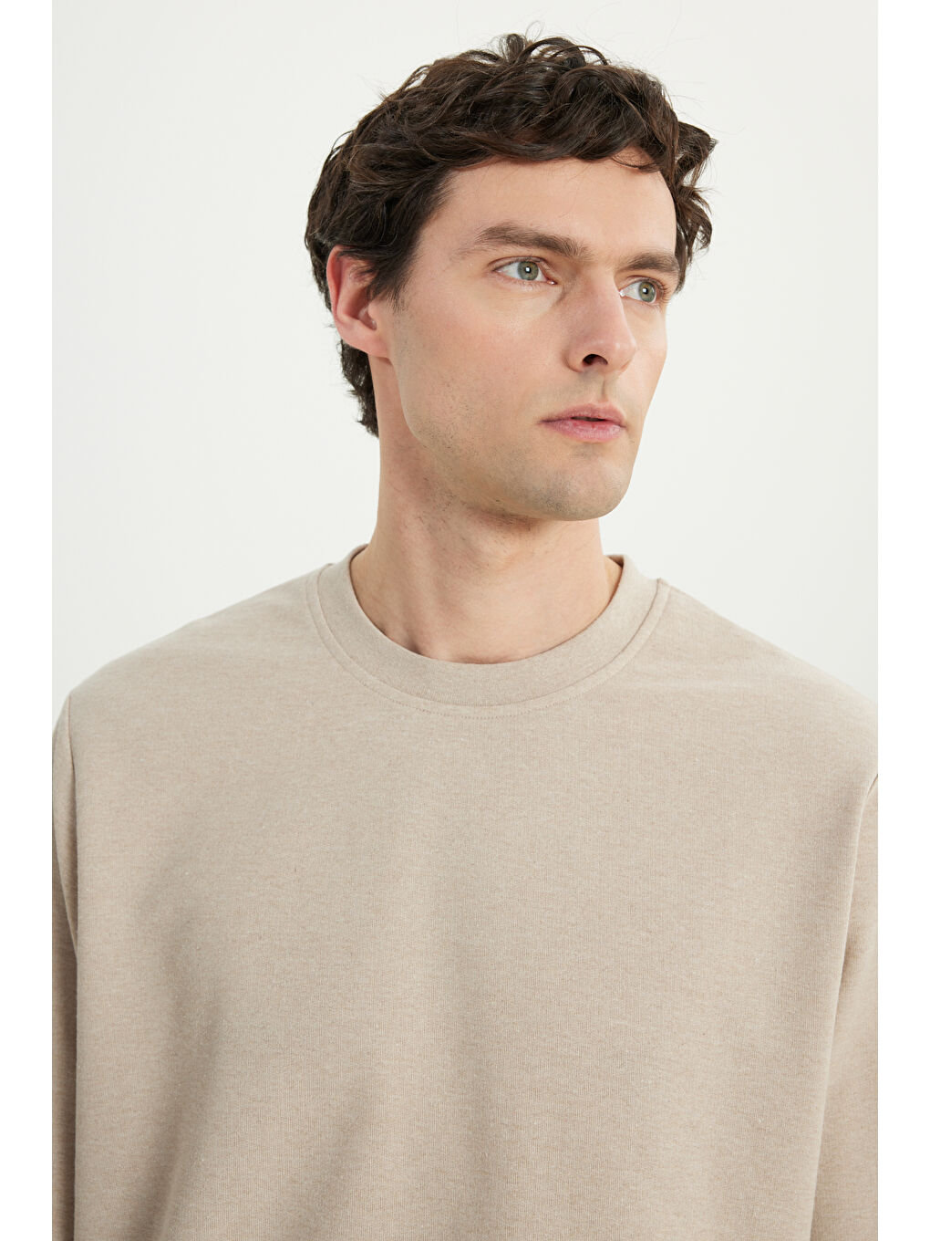 Erkek Bej Standart Fit Normal Kesim 2 İplik Recycle Pamuklu Bisiklet Yaka Sweatshirt-5