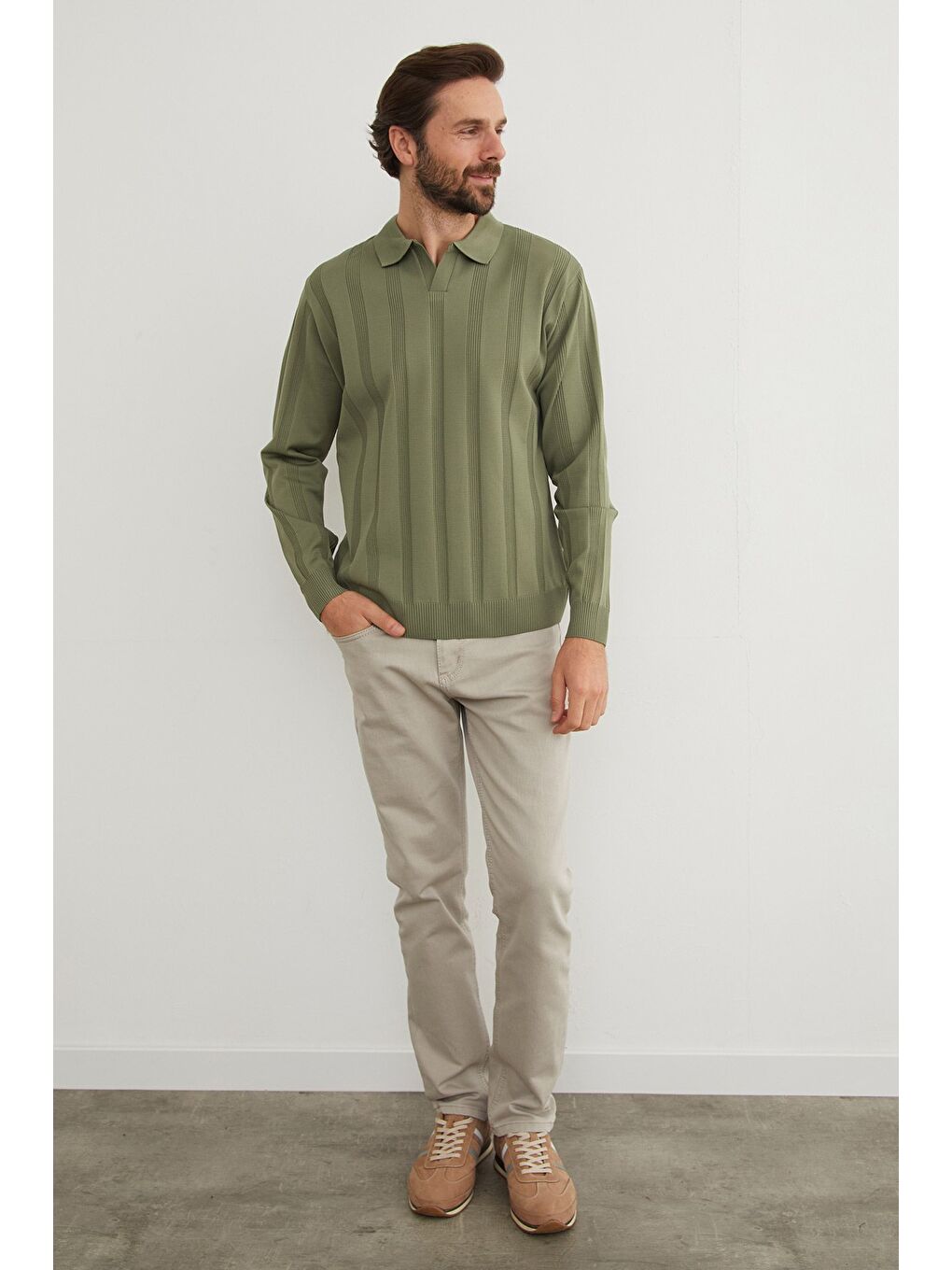 Haki Şeritli Polo Yaka Triko Kazak-2