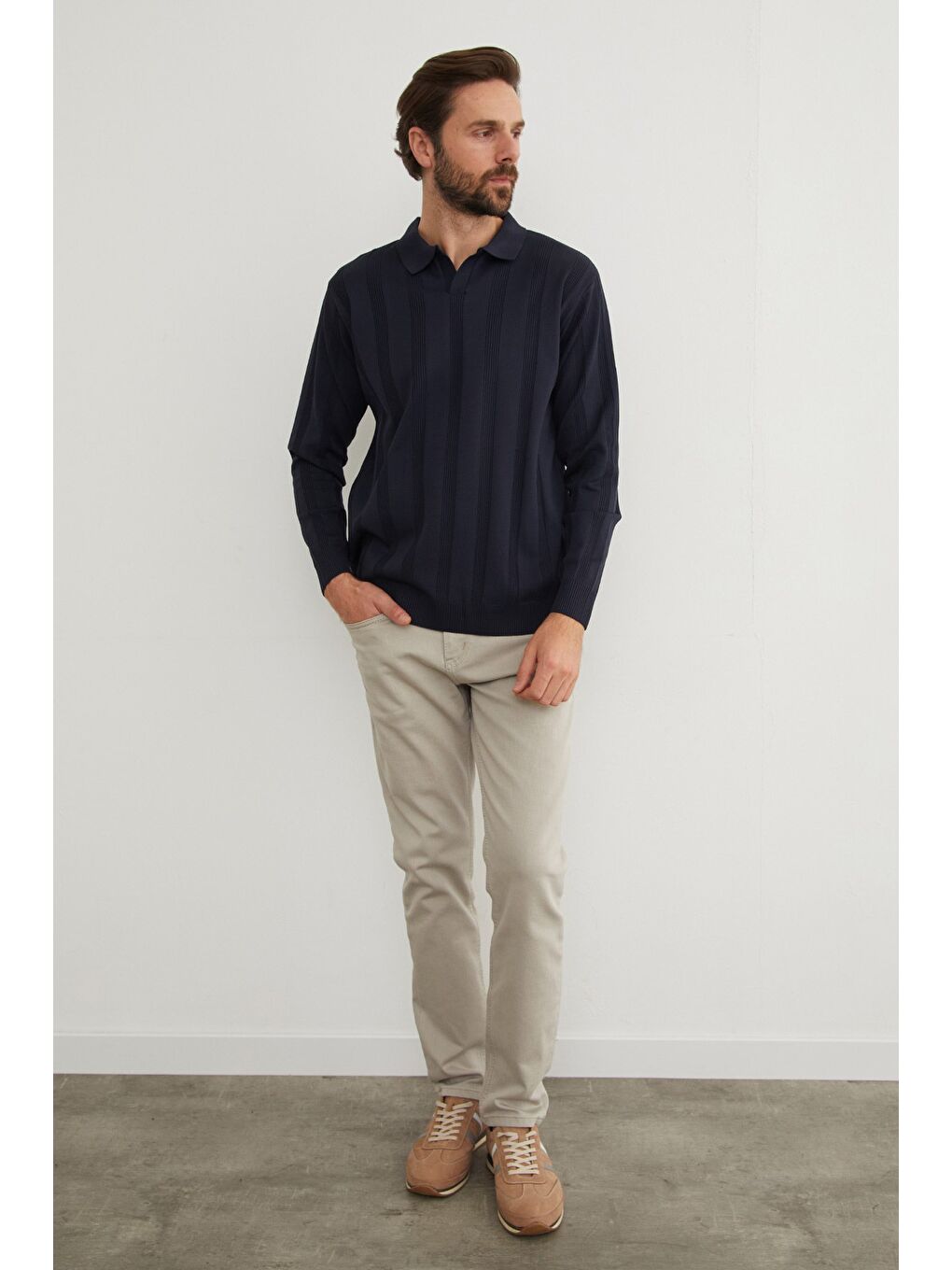 Lacivert Şeritli Polo Yaka Triko Kazak-2