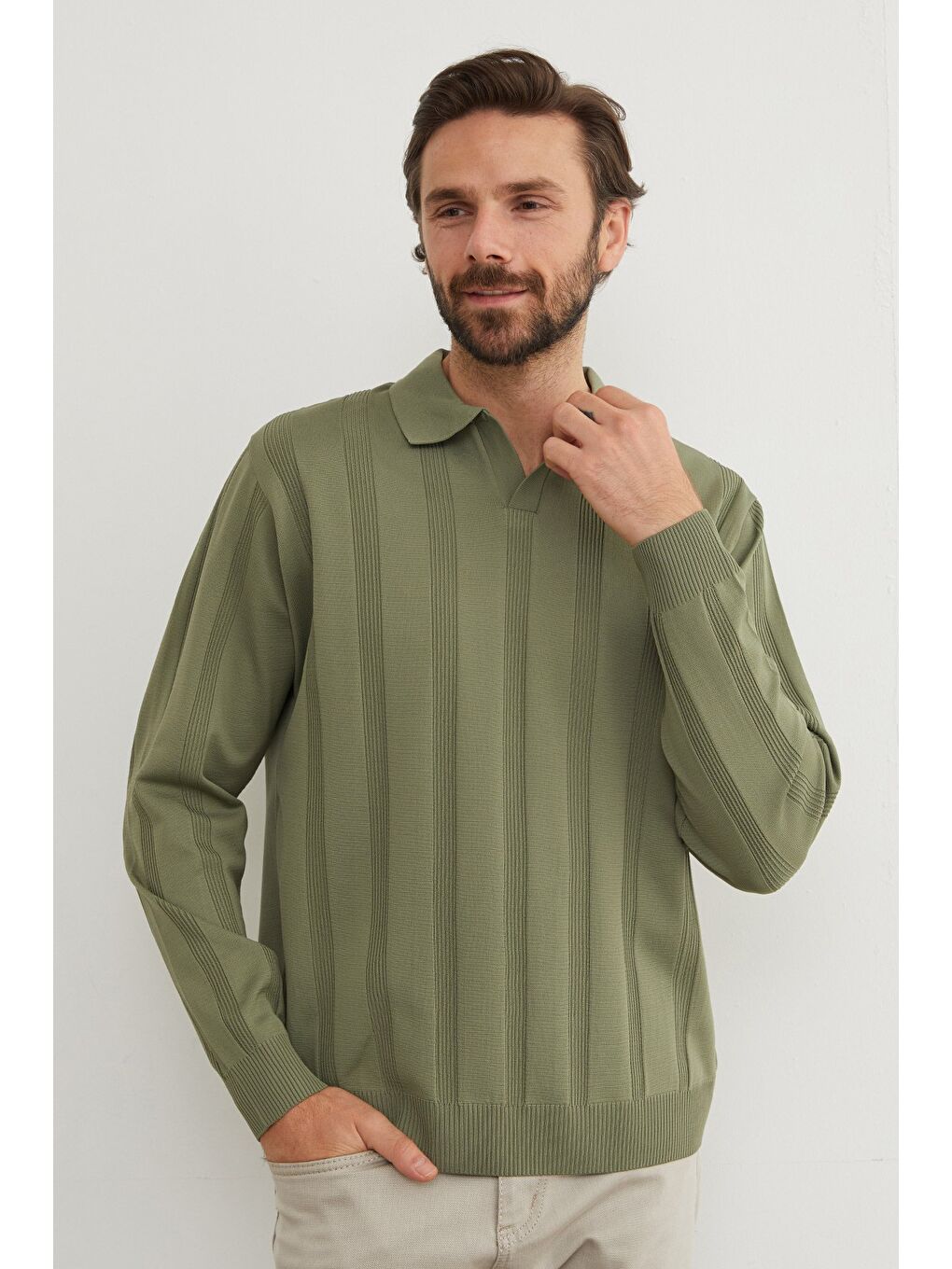 Haki Şeritli Polo Yaka Triko Kazak-3