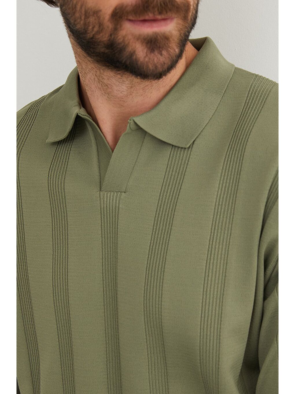 Haki Şeritli Polo Yaka Triko Kazak-4