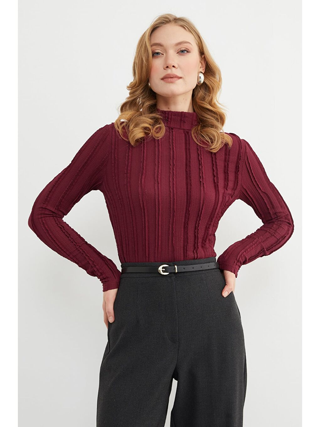 Bordo Krep Kumaş Dik Yaka Bluz-1