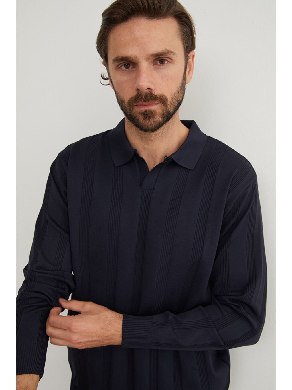 Lacivert Şeritli Polo Yaka Triko Kazak-4