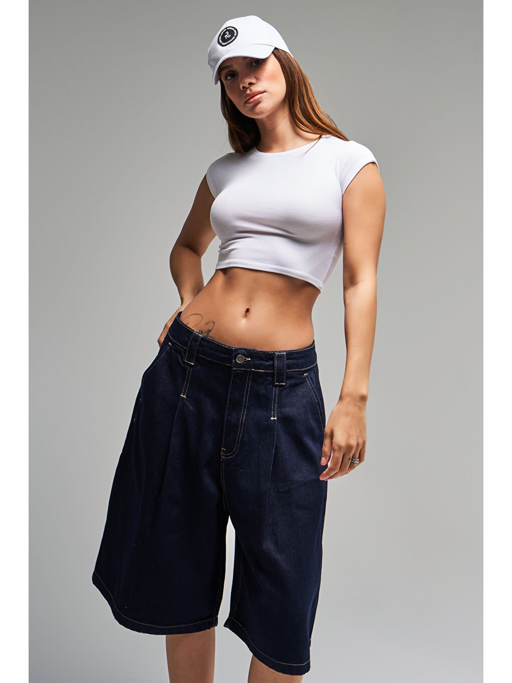 Kadın İndigo Renk 7s5 50 Skater Fit Maxi Boy Bol Kesim  100 Pamuk Denim Şortolon-2