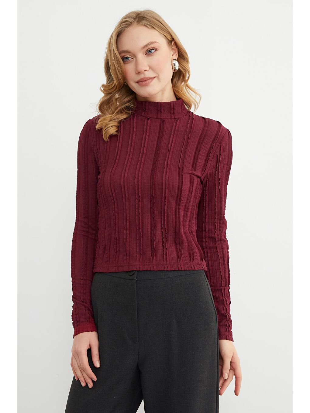 Bordo Krep Kumaş Dik Yaka Bluz-3