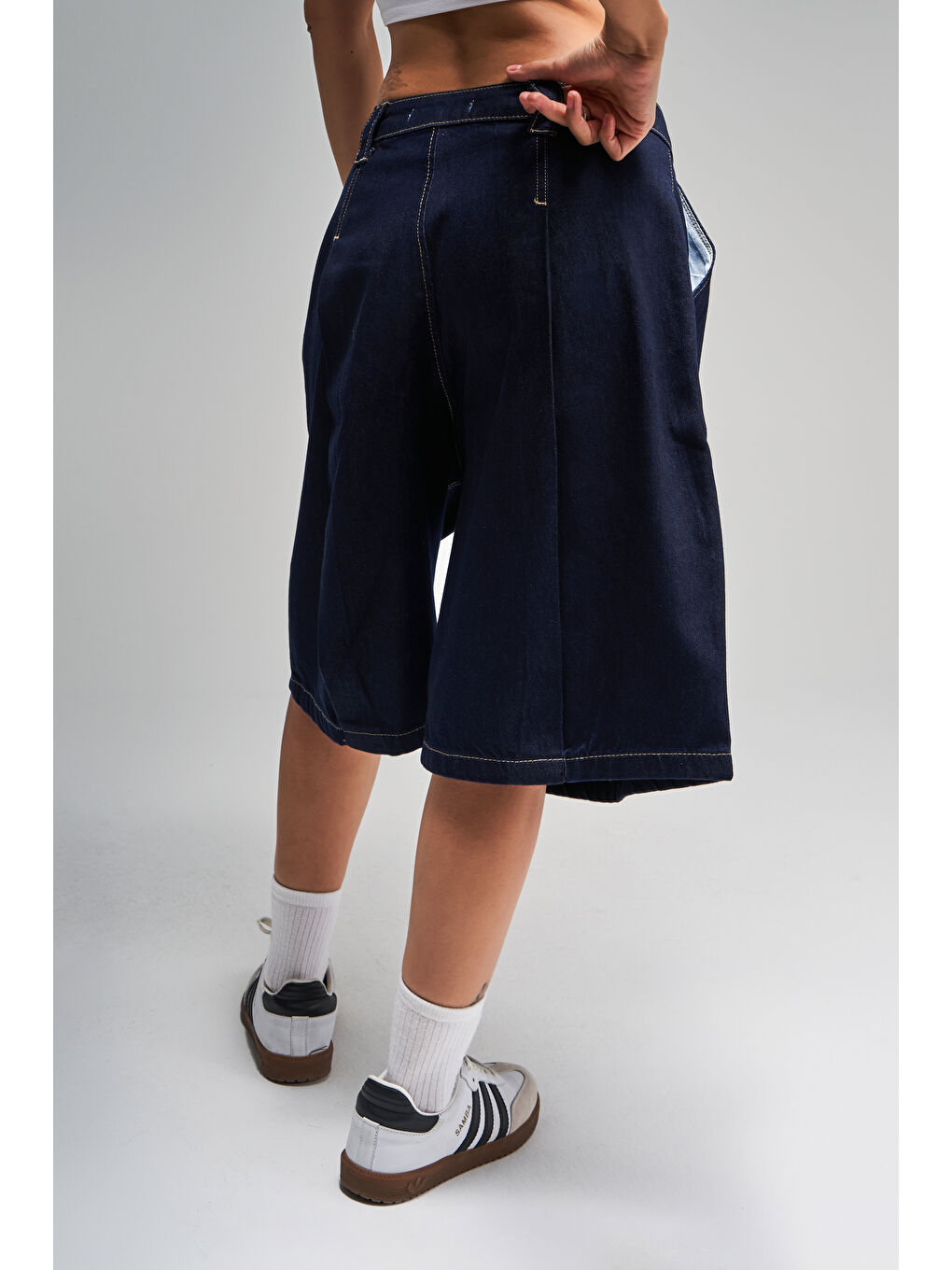 Kadın İndigo Renk 7s5 50 Skater Fit Maxi Boy Bol Kesim  100 Pamuk Denim Şortolon-3