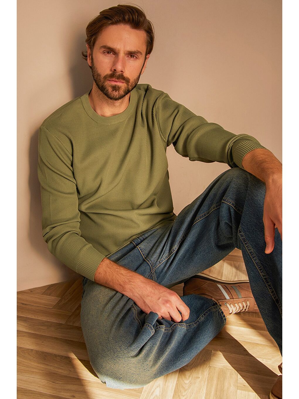 Haki Basic Bisiklet Yaka Triko Kazak