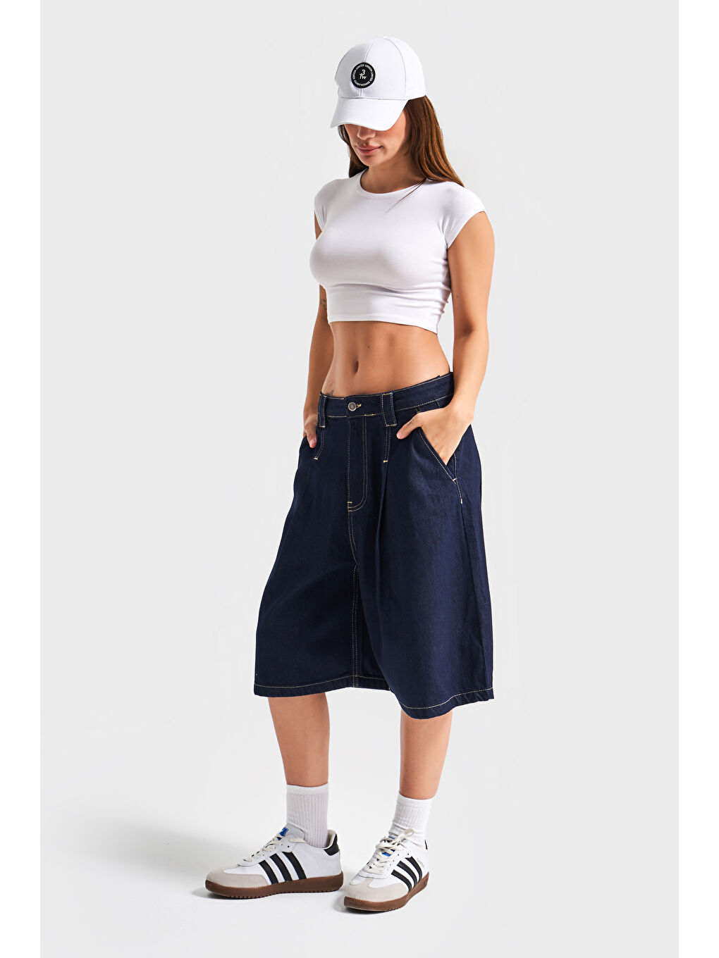 Kadın İndigo Renk 7s5 50 Skater Fit Maxi Boy Bol Kesim  100 Pamuk Denim Şortolon-4