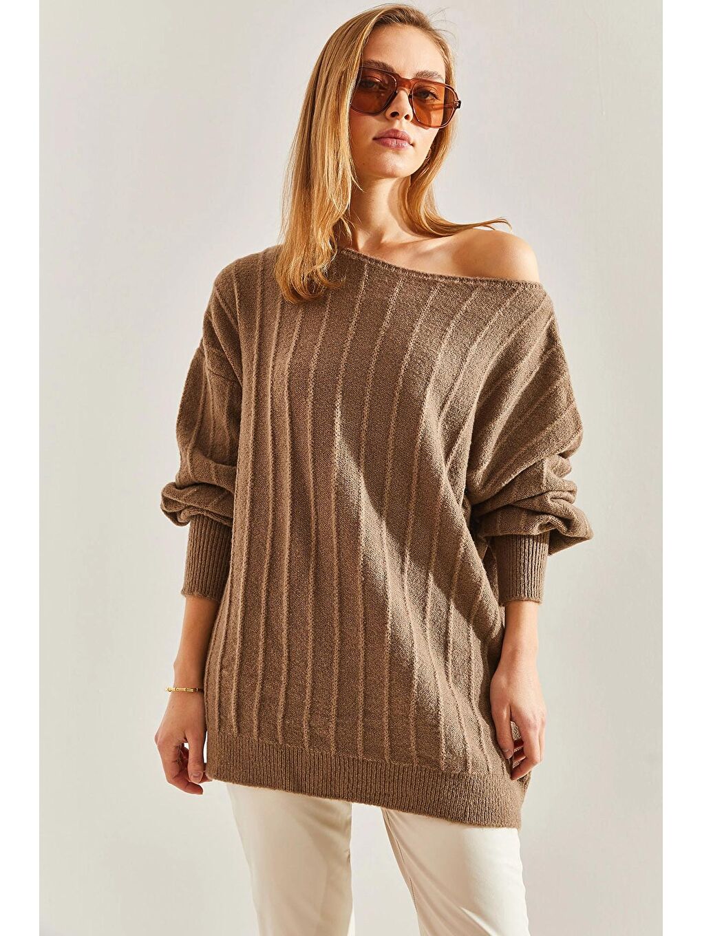 Bej Kadın Kayık Yaka Fitilli Kazak