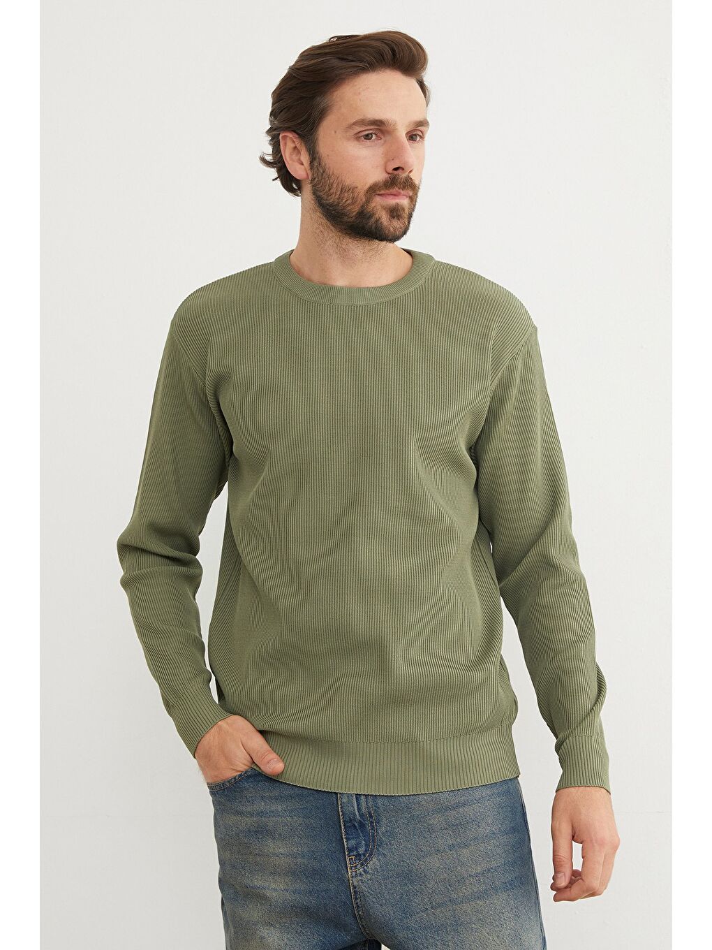 Haki Basic Bisiklet Yaka Triko Kazak-3