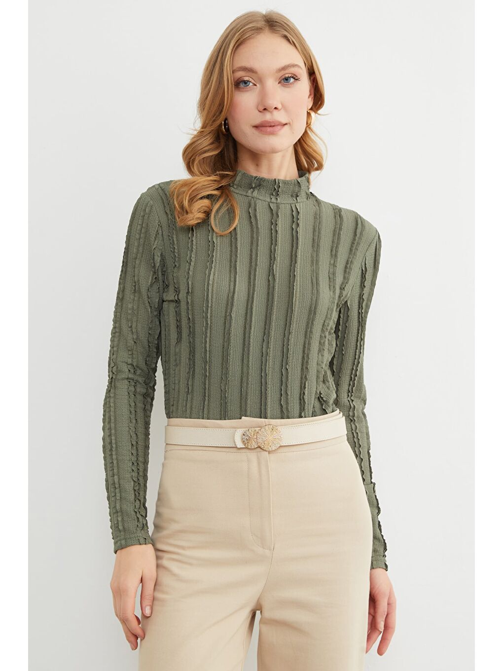 Haki Krep Kumaş Dik Yaka Bluz-1