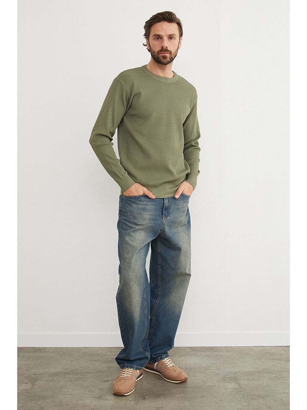 Haki Basic Bisiklet Yaka Triko Kazak-4