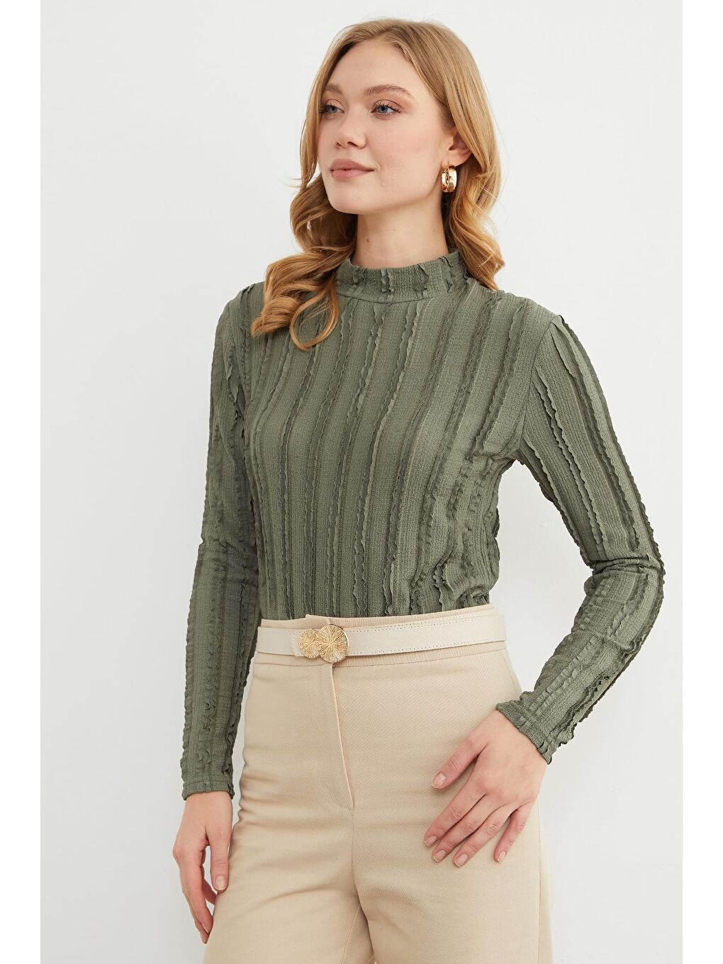 Haki Krep Kumaş Dik Yaka Bluz-3