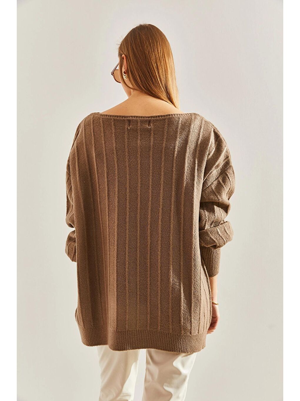 Bej Kadın Kayık Yaka Fitilli Kazak-1