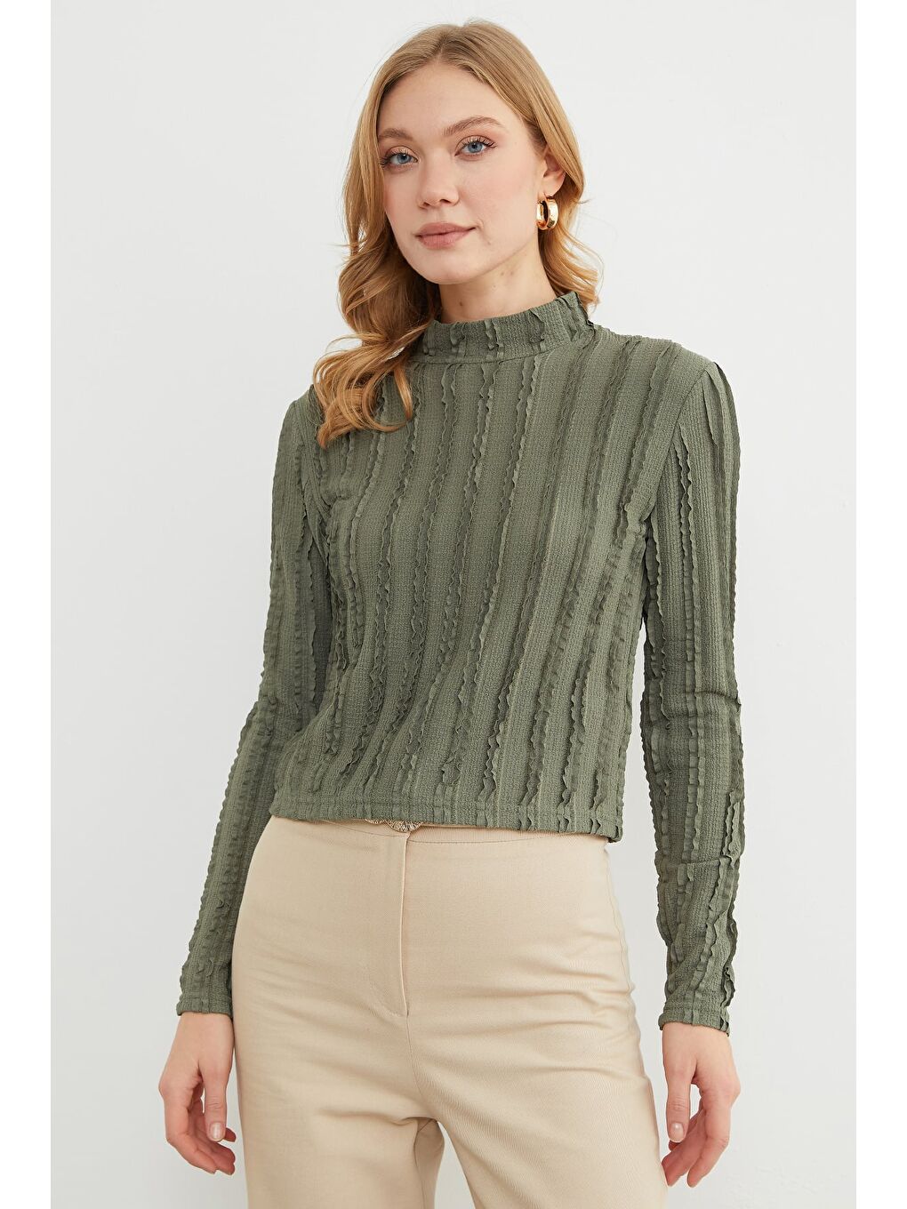 Haki Krep Kumaş Dik Yaka Bluz-4