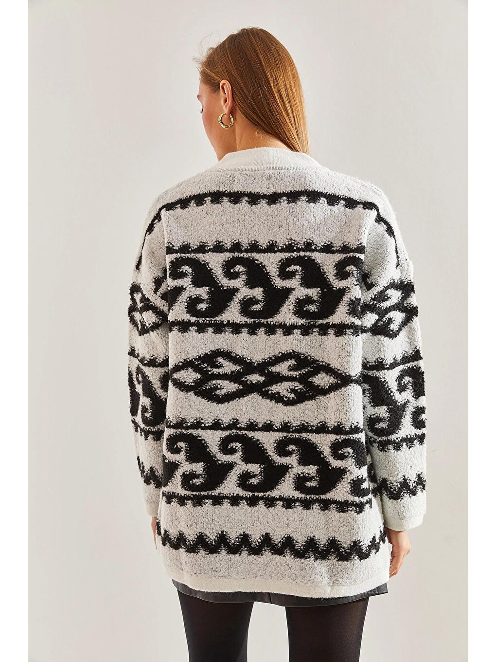 Beyaz Kadın Desenli Triko Hırka-2