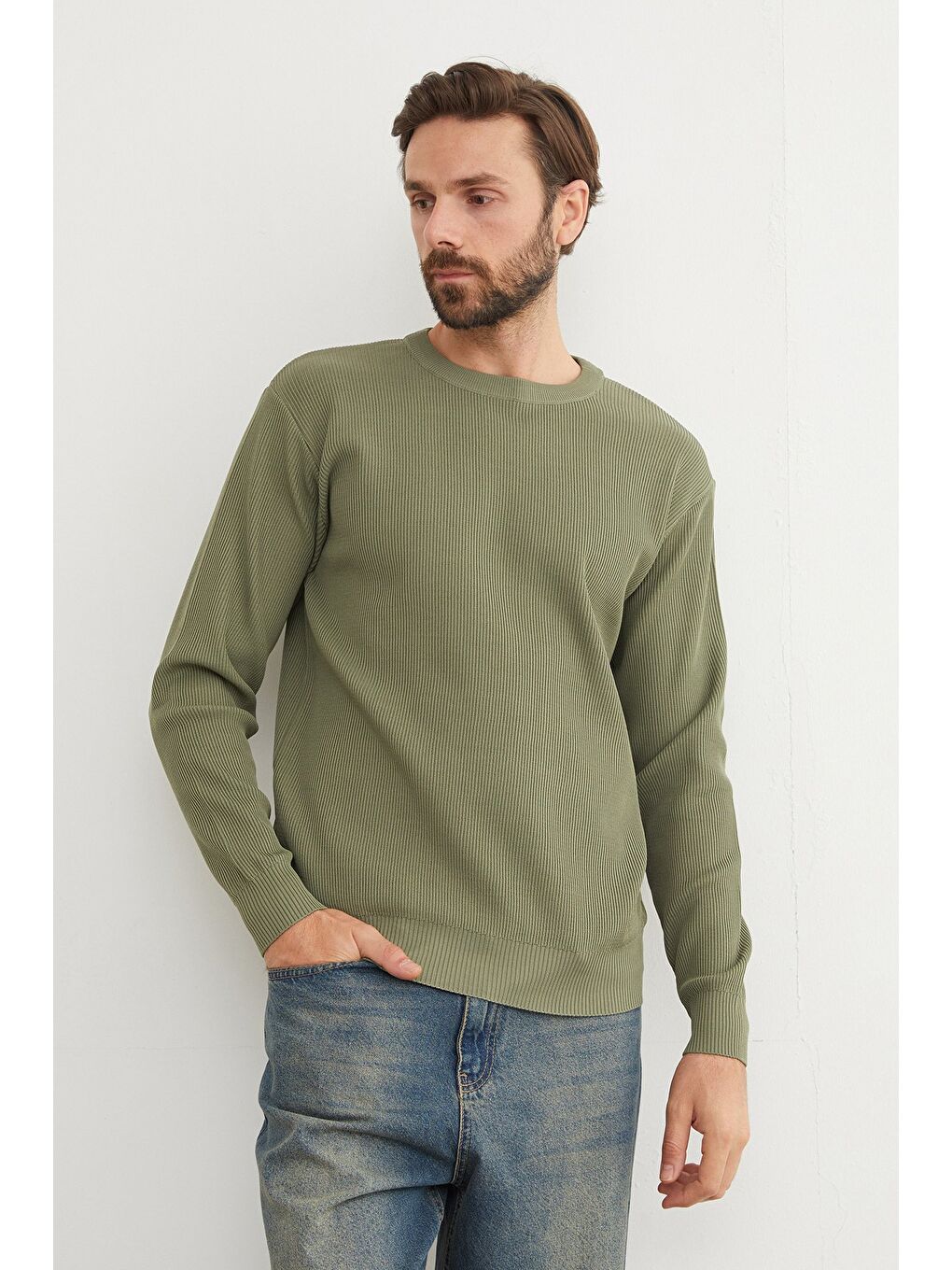 Haki Basic Bisiklet Yaka Triko Kazak-1