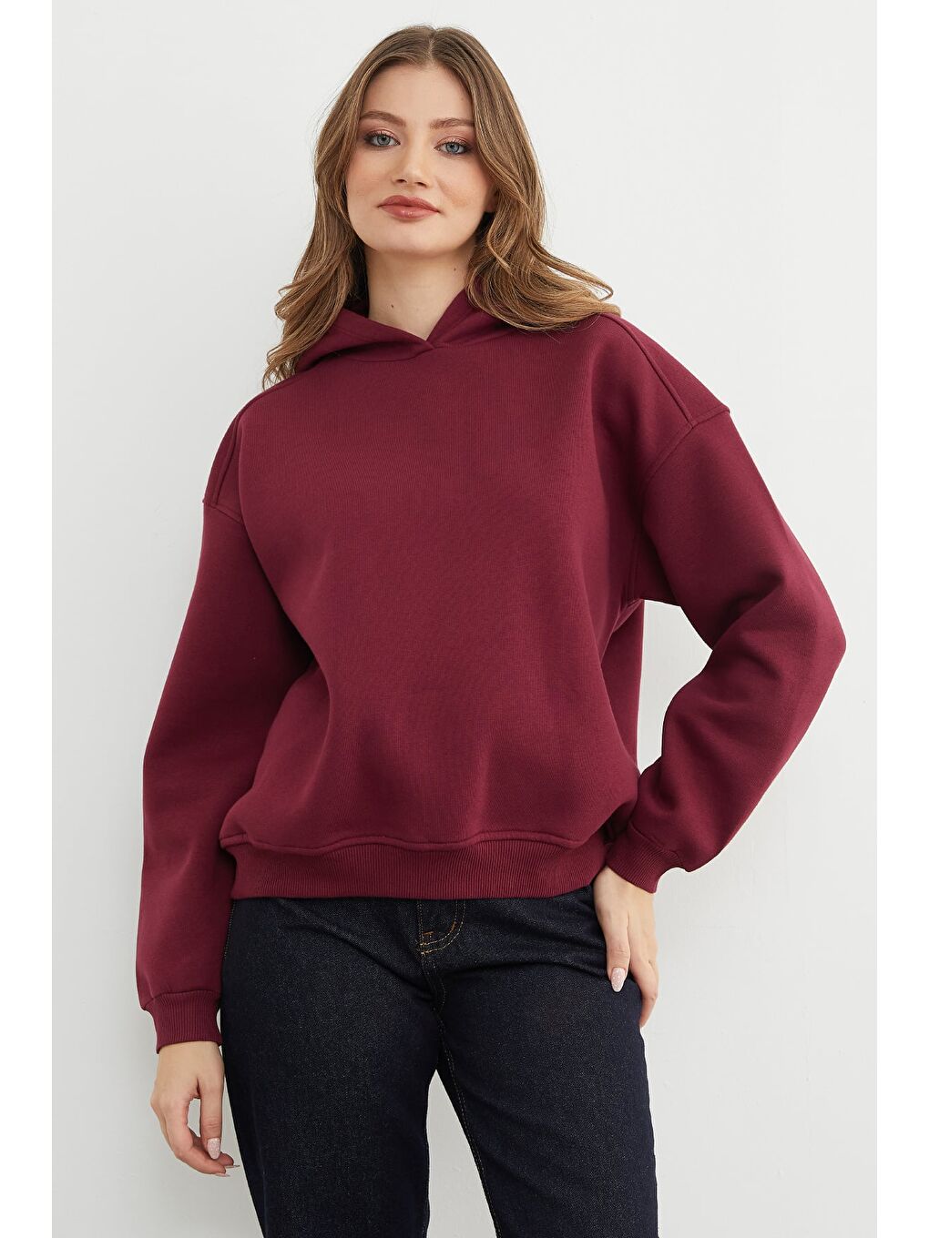 Bordo 3 İplik Kapüşonlu Oversize Sweatshirt