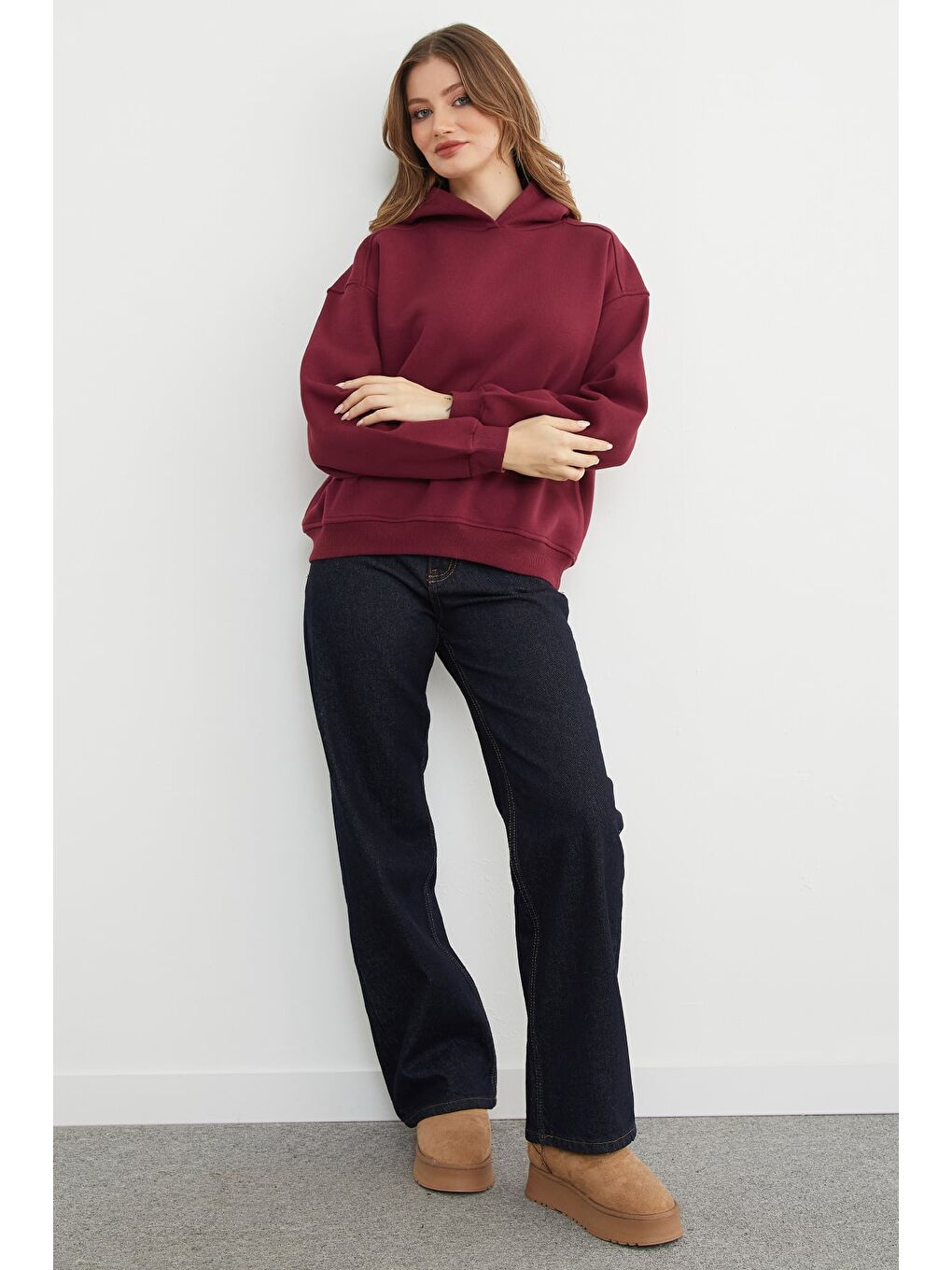Bordo 3 İplik Kapüşonlu Oversize Sweatshirt-1