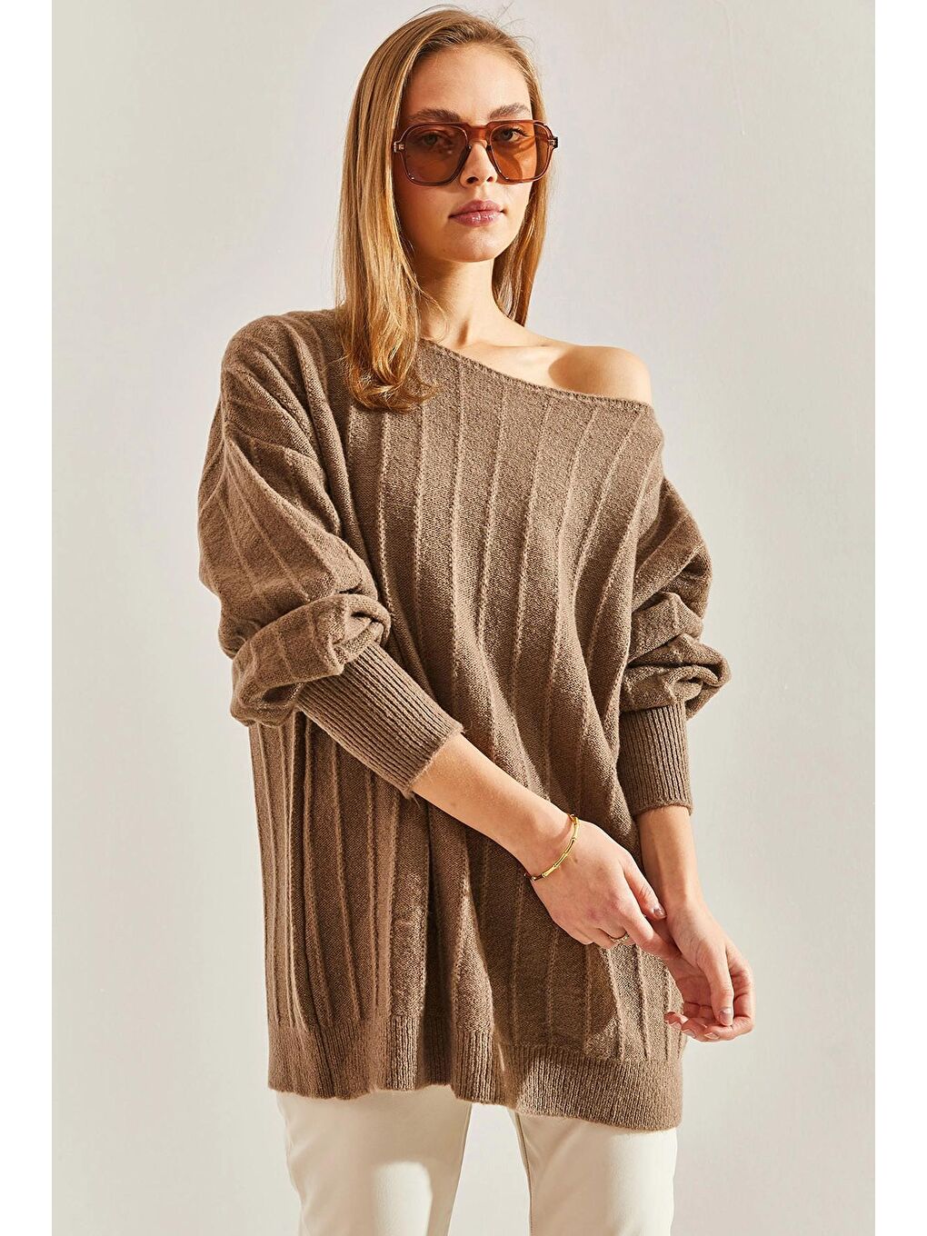 Bej Kadın Kayık Yaka Fitilli Kazak-2