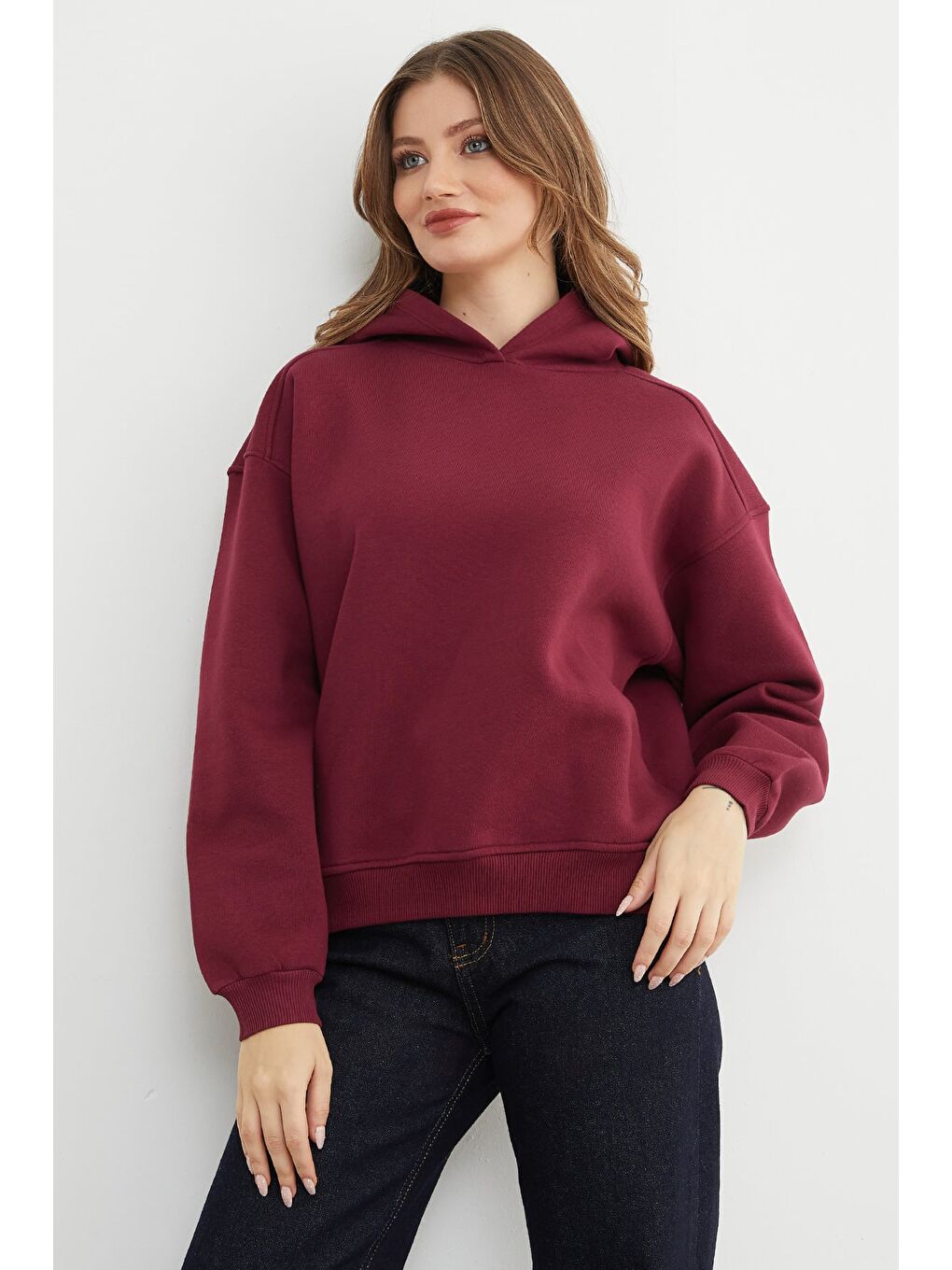 Bordo 3 İplik Kapüşonlu Oversize Sweatshirt-3