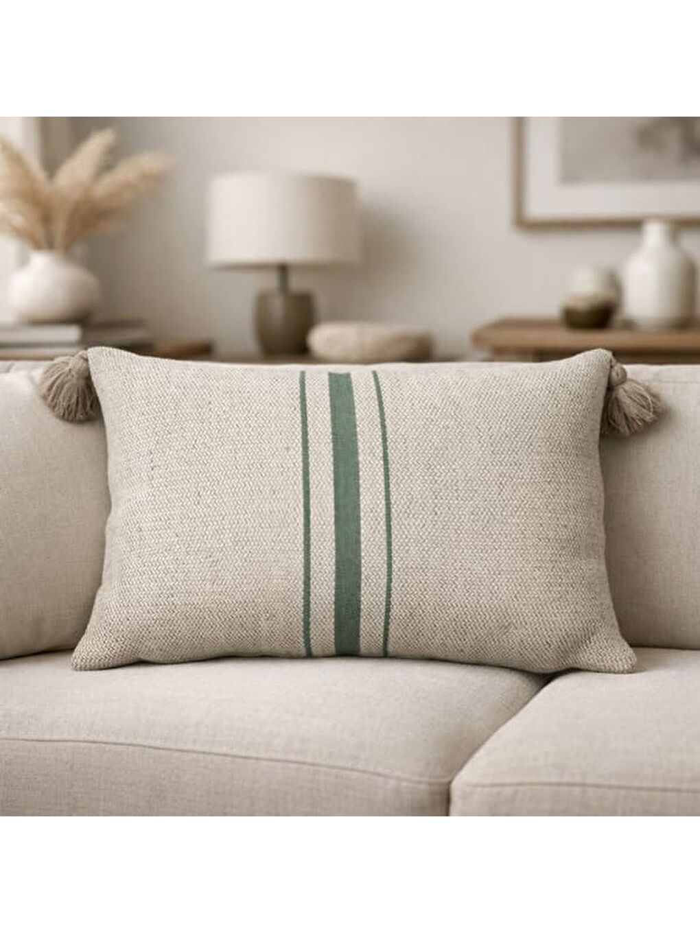 Soft Vev Kırlent - Bej / Yeşil - 35x55 cm