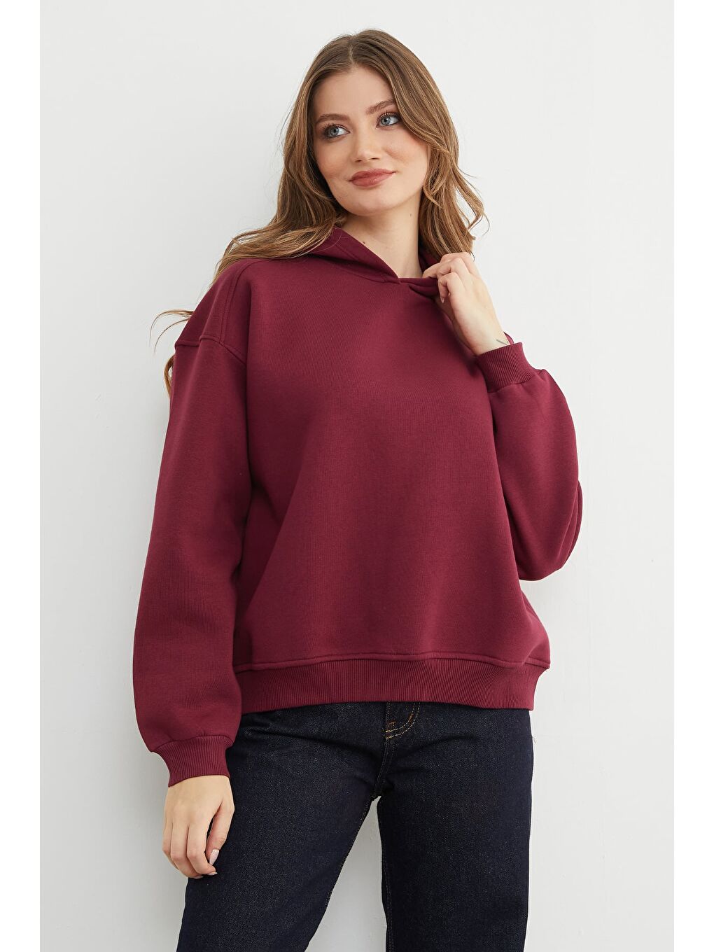 Bordo 3 İplik Kapüşonlu Oversize Sweatshirt-4