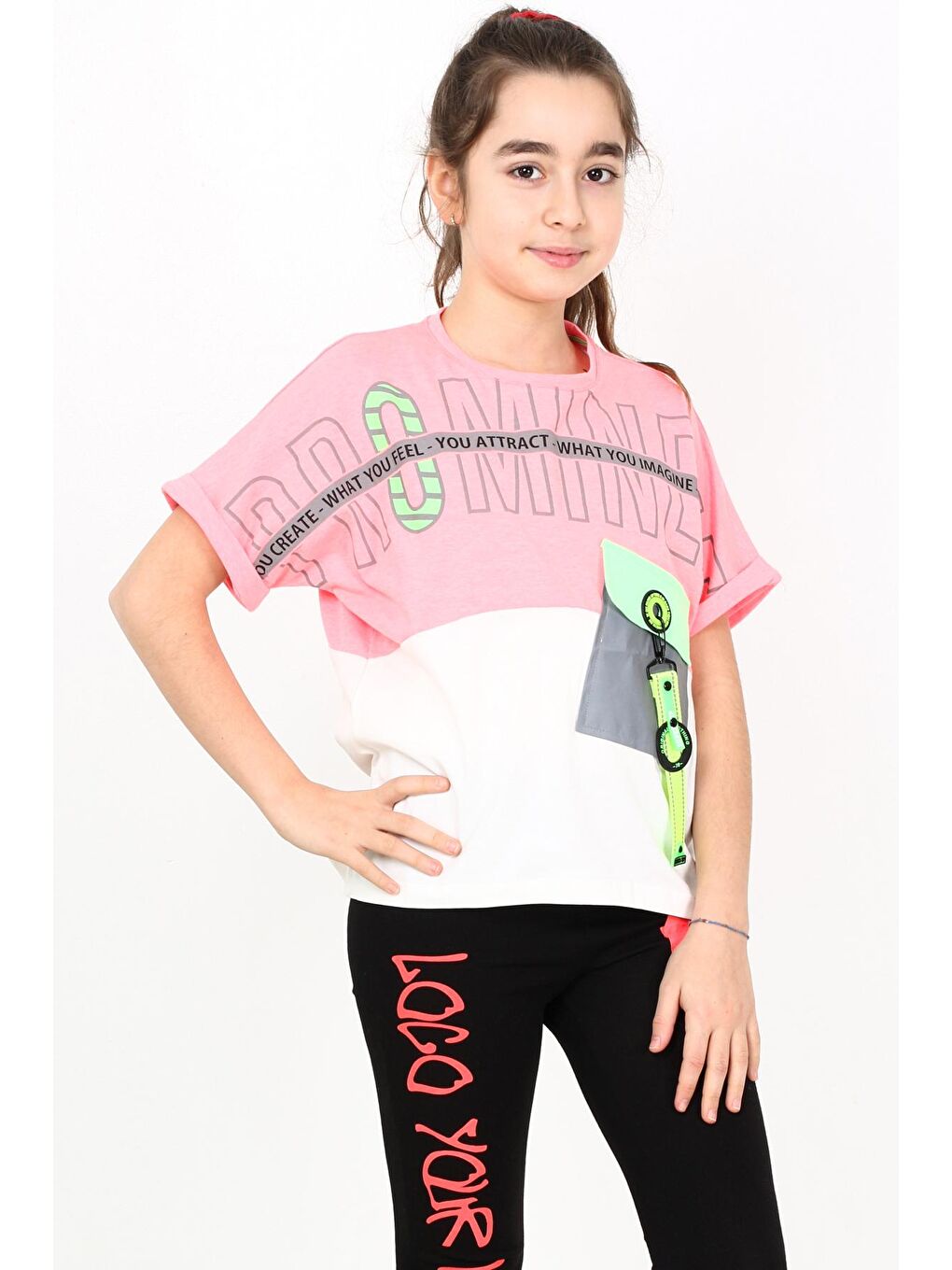 Pembe Kız Çocuk Cepli Tshirt 10-15 Yaş 14051-1