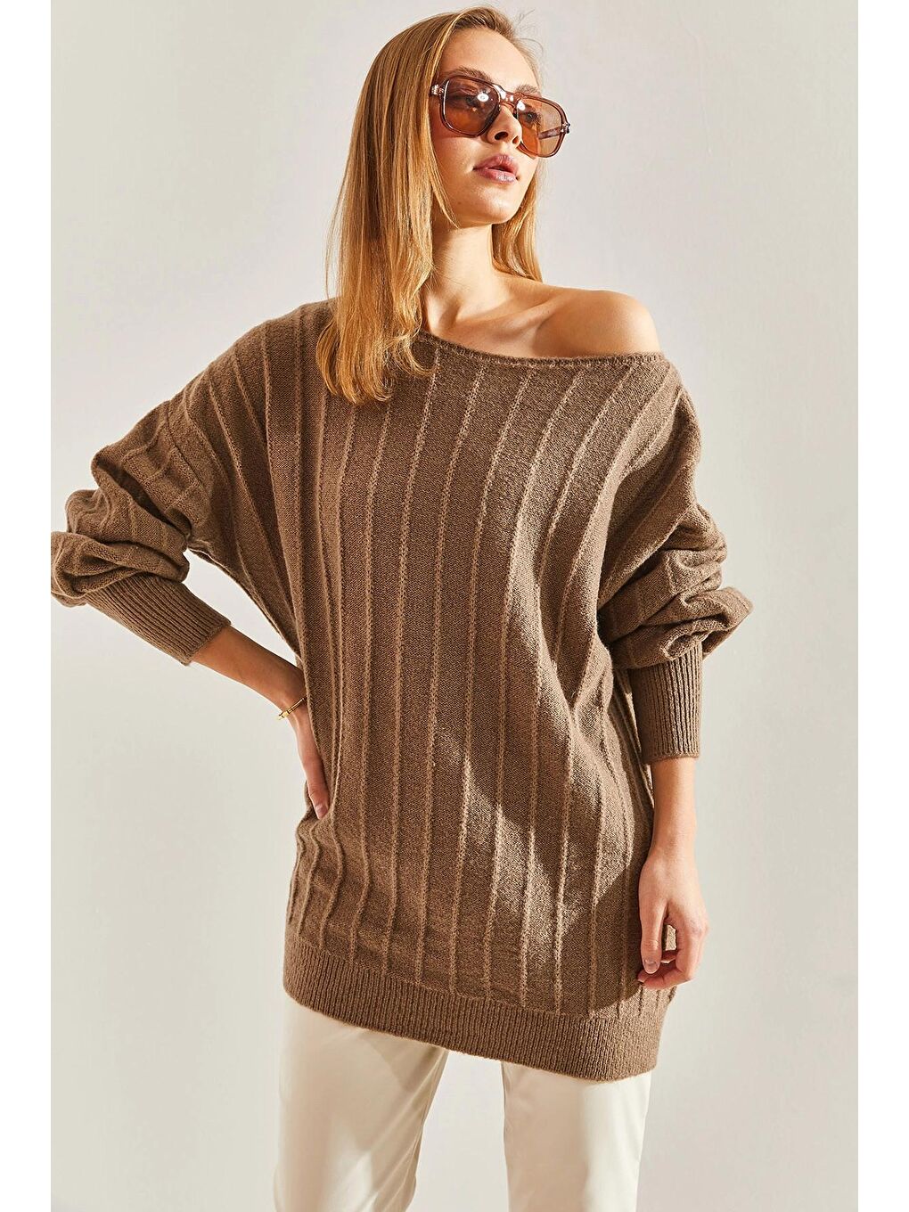 Bej Kadın Kayık Yaka Fitilli Kazak-3