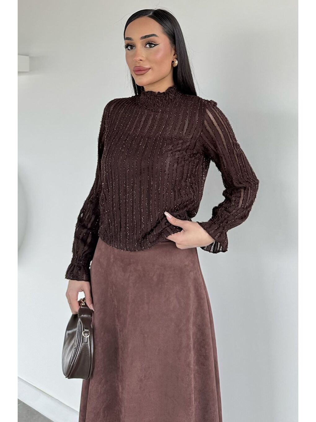 Kahverengi Kadın Dik Yaka Işıltılı Bluz