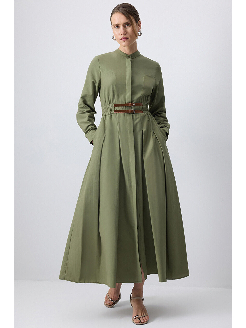 Haki Deri Kemerli Poplin Elbise-1
