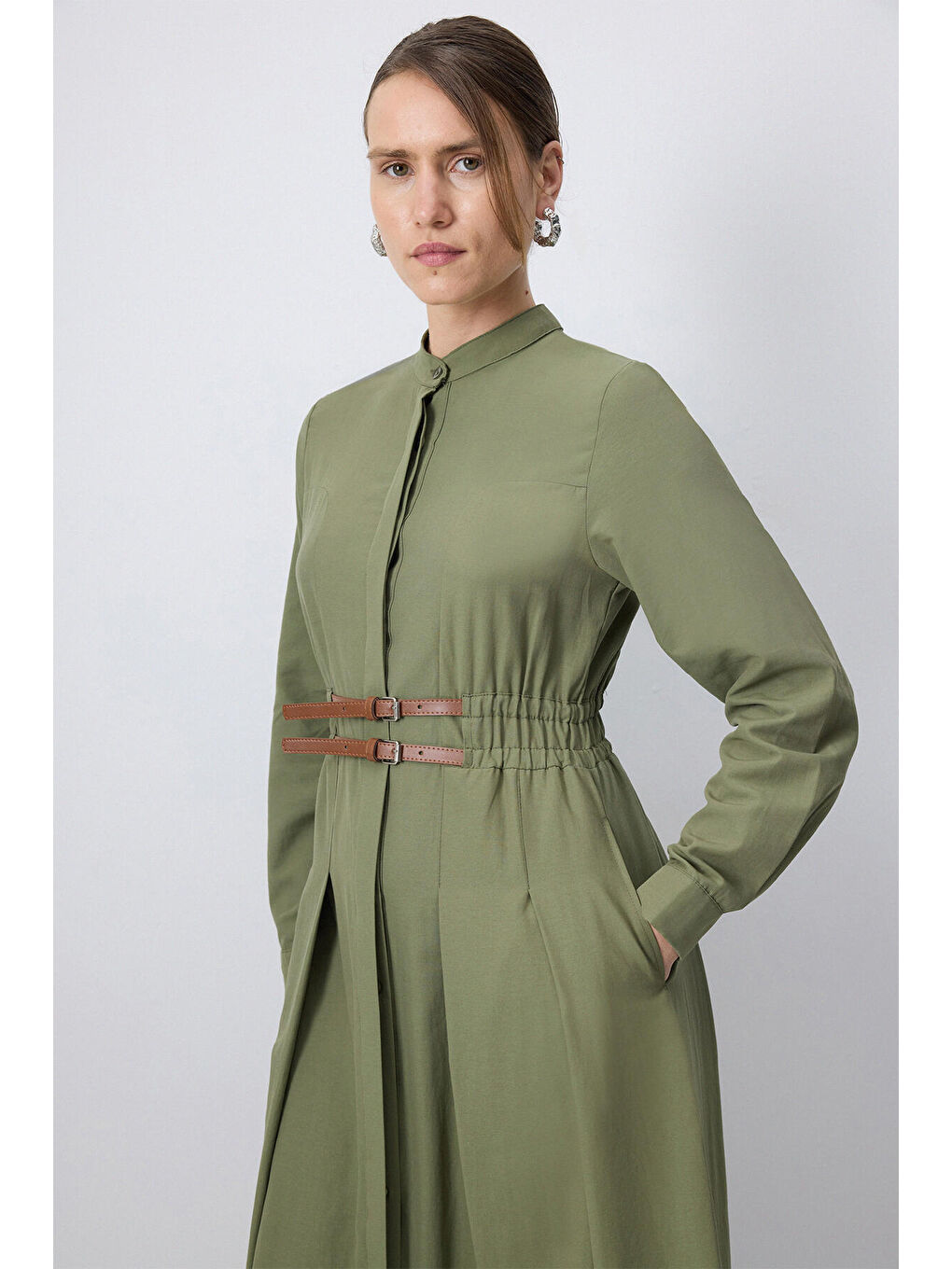Haki Deri Kemerli Poplin Elbise-2